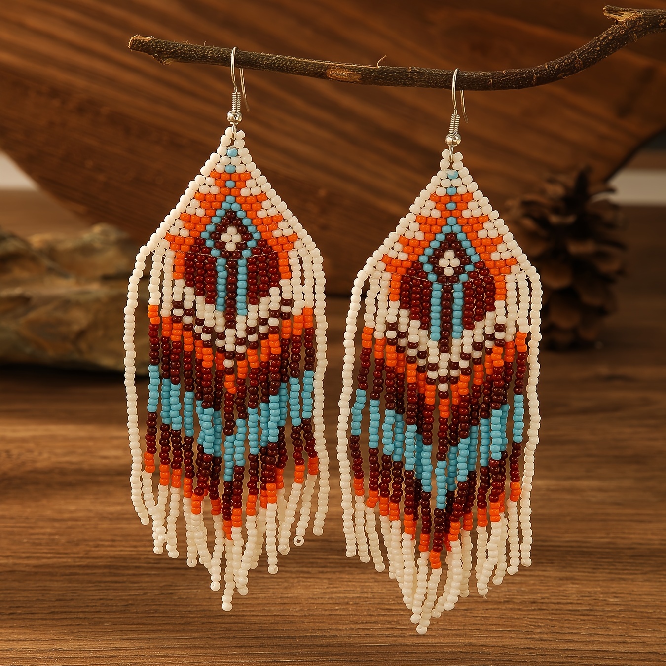 Hand-Beaded Woven Bohemian Style Tassel Drop Earrings